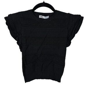 ZARA Black Stretchy Laser Cut Cropped Ruffled Short Sleeve Tee - Small